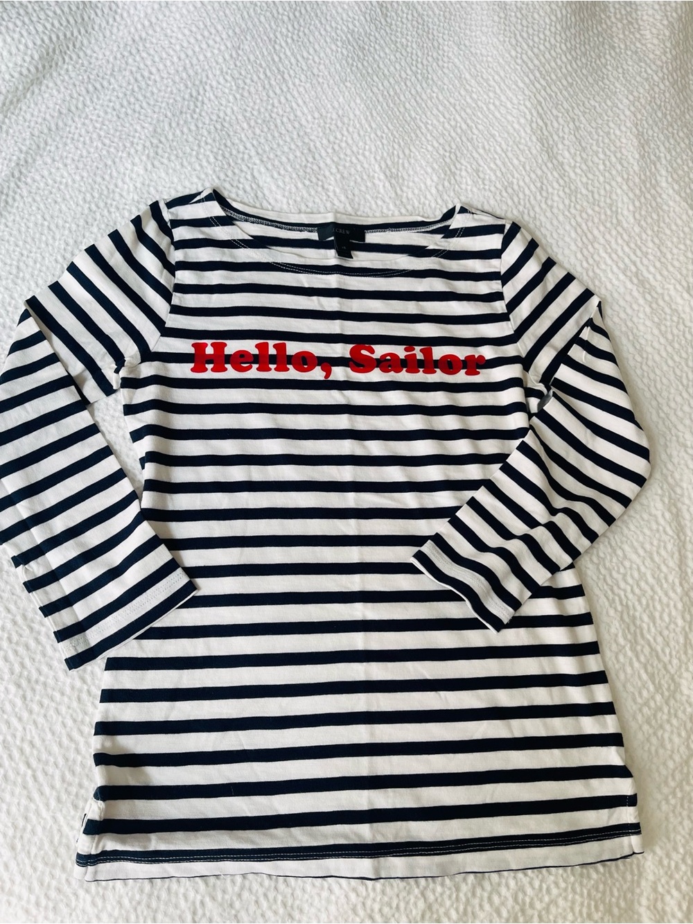J. Crew Navy & White Striped Long Sleeve Top with Red 'Hello, Sailor'
